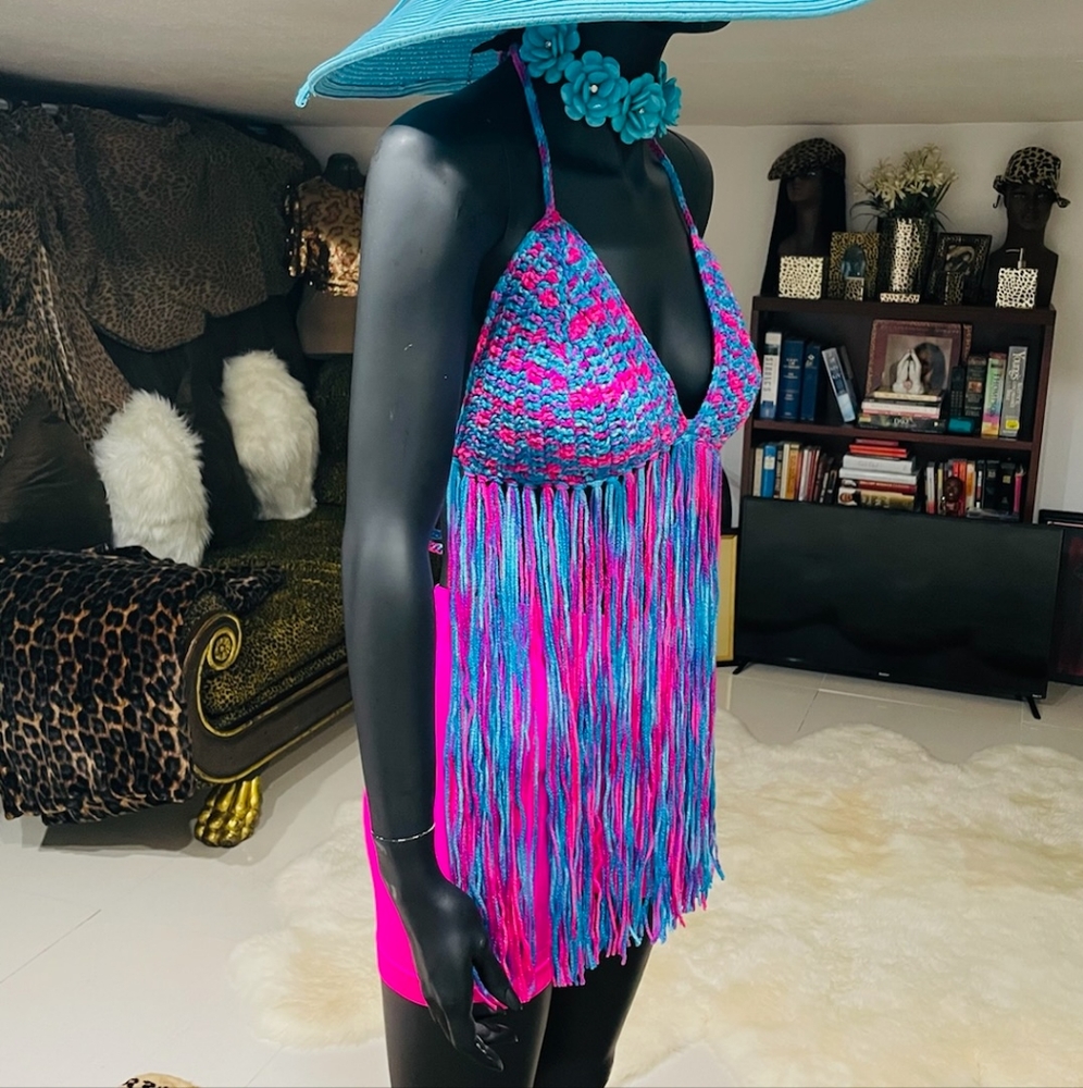 Handmade Multi-Colored Fringe Crochete Triangle Bikini Top No Tags
